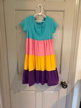 Hanna Andersson Colorblock Tiered Dress - Blue, Pink, Yellow & Purple